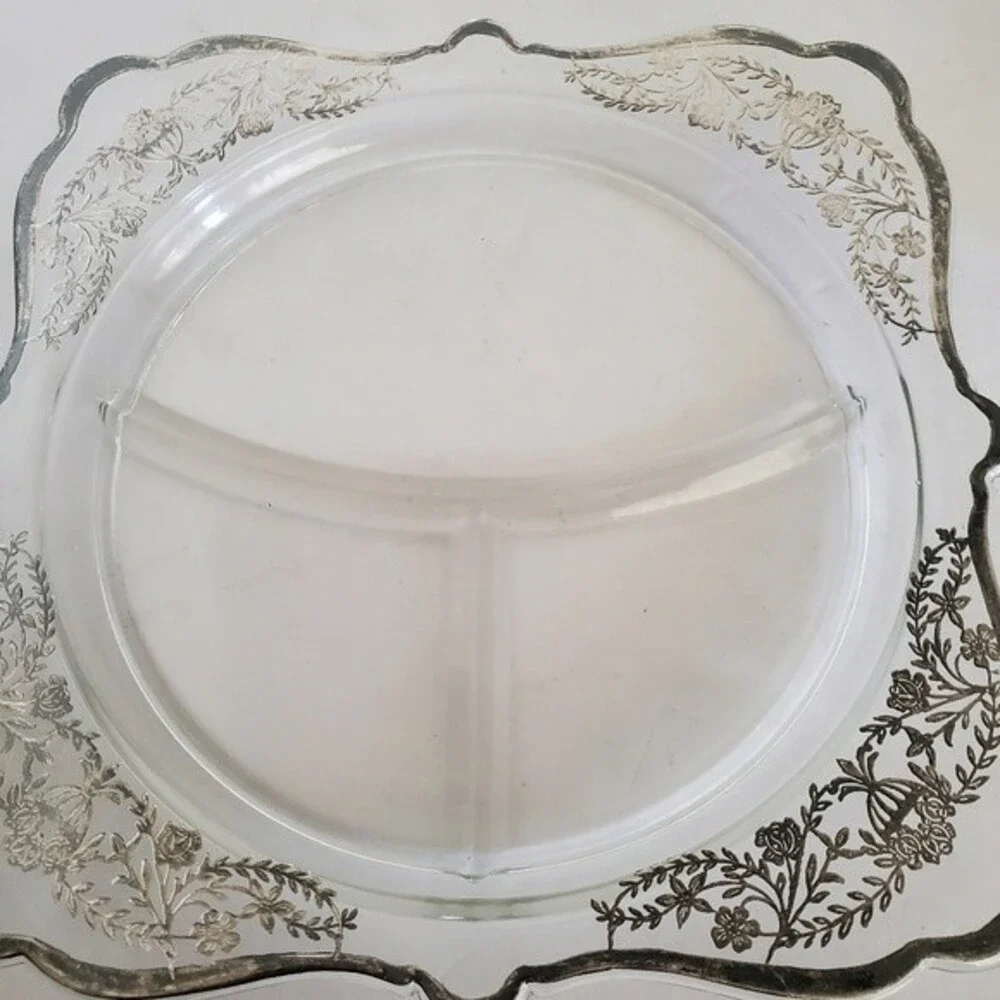 Vintage Imperial Glass Art Deco Silver Overlay Divided Grill Plate 10